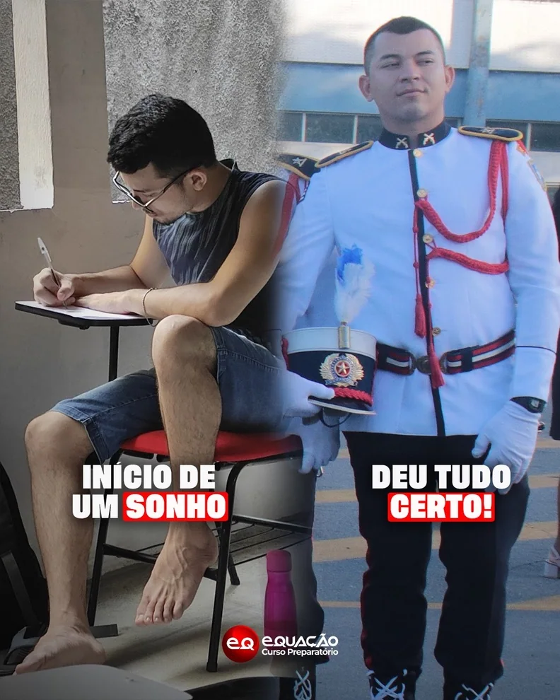 Aluno estudando e depois aprovado fardado