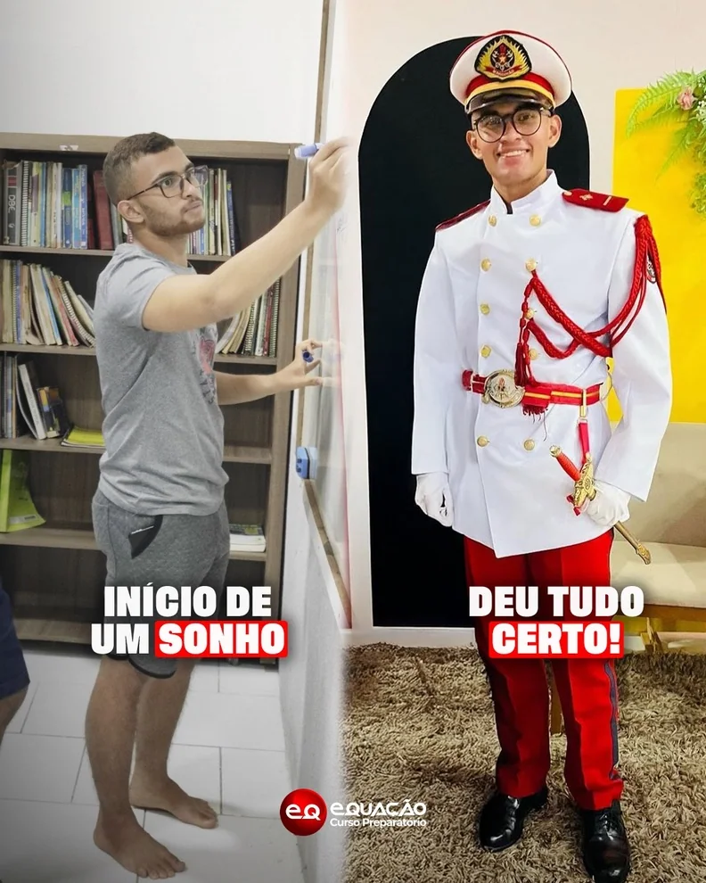 Aluno estudando e depois aprovado em concurso militar